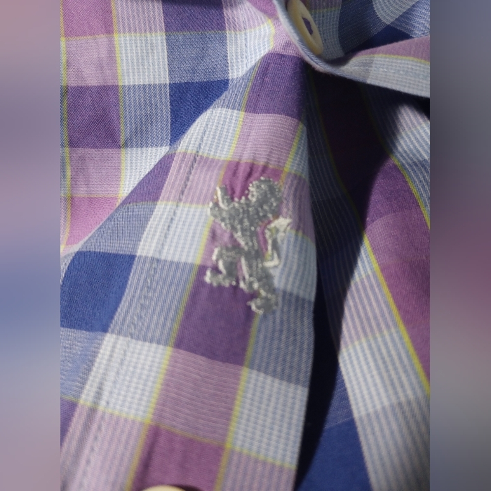 XL EUC Short Sleeve Bugatchi Uomo Purple Blue Plaid Shirt Luxury Preppy Summer - Picture 2 of 5